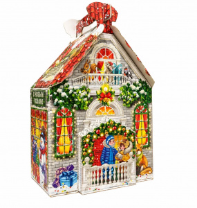 Картонная упаковка 1500гр. "Домик с Сантой" (335) (25)